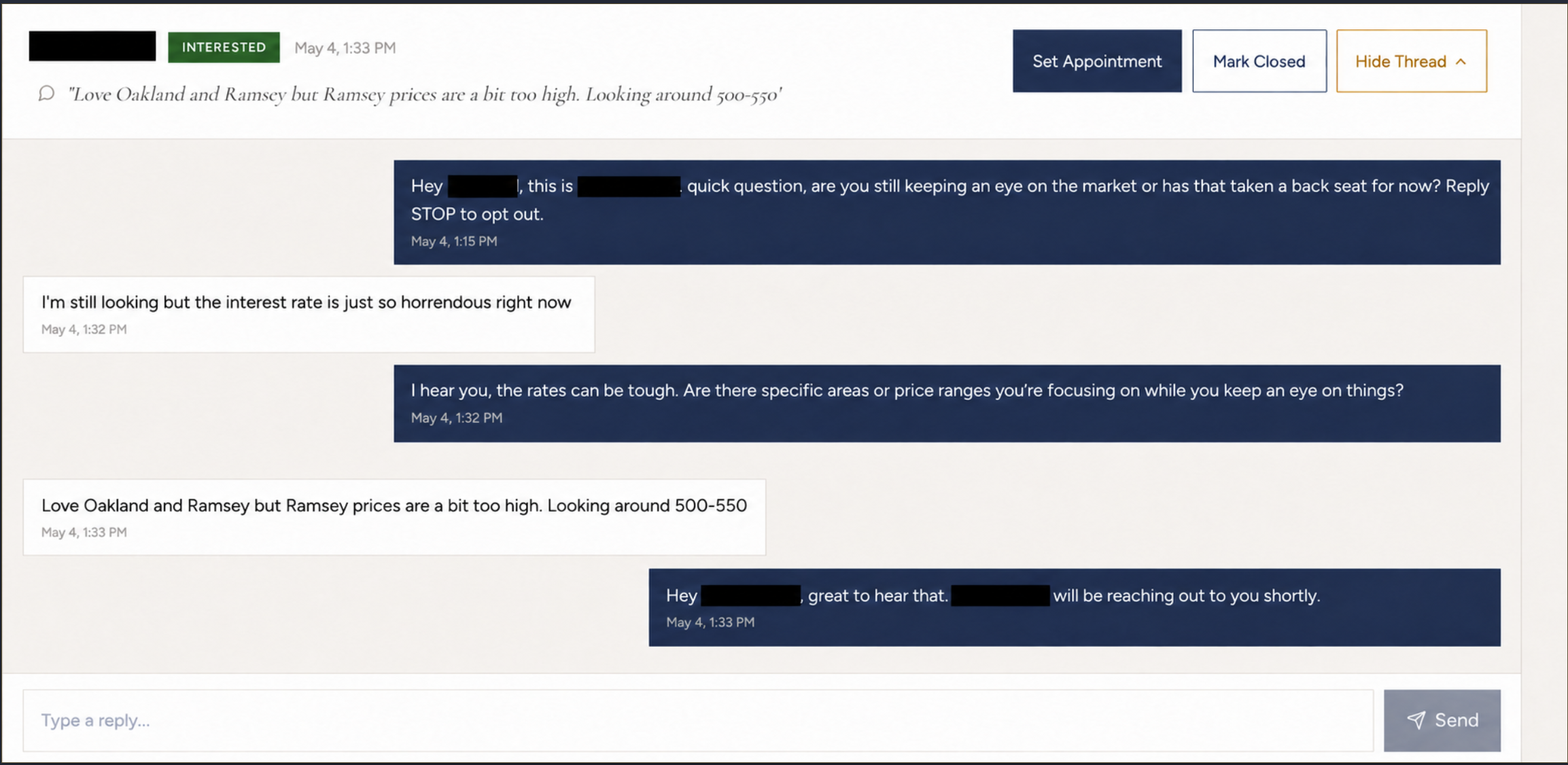 Blurred screenshot of a Klosed reactivation conversation with a buyer searching Oakland under $550K