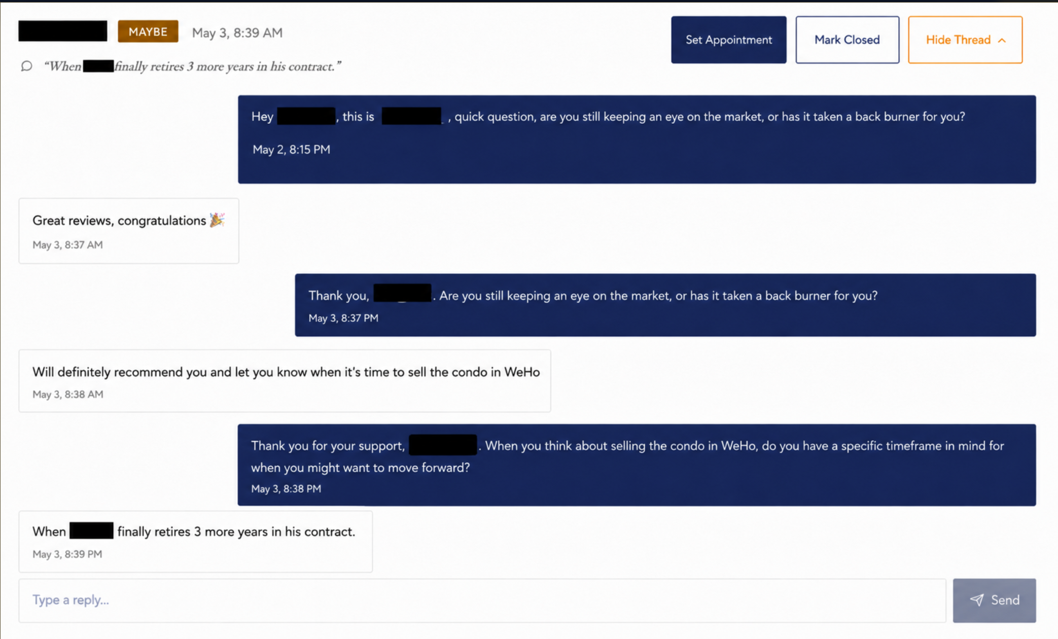Blurred screenshot of a Klosed reactivation conversation with a past client about selling their West Hollywood condo